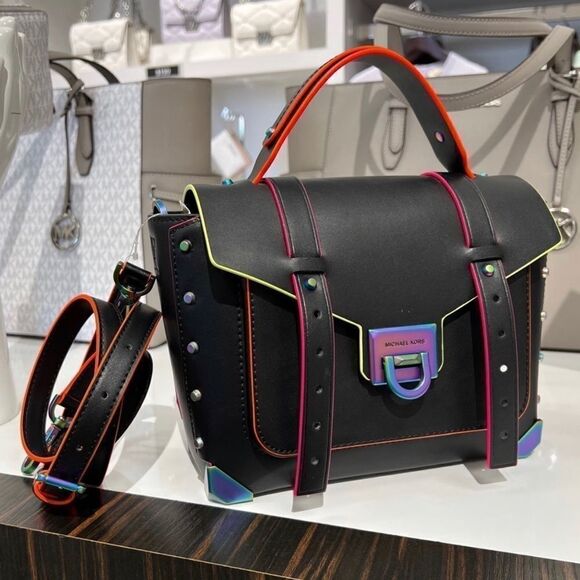 Michael Kors ★ manhattan MD Satchel Messenger Xbody Black Leather Hand bag purse - Picture 1 of 12